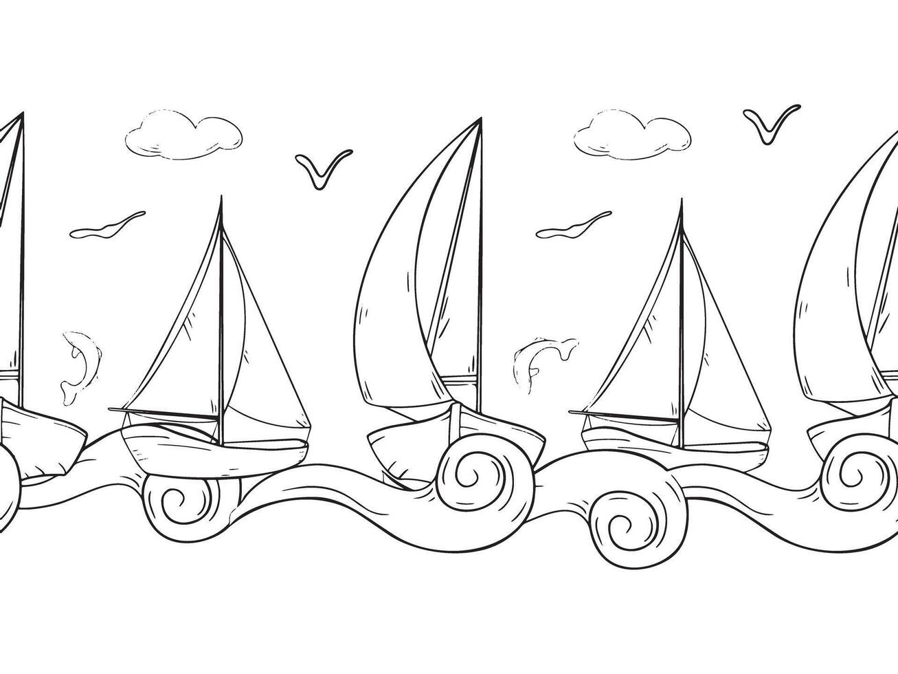 Ships sailing boat yacht graphic seamless banner. Various water transport on repeating texture of curly waves black and white outline. Sailing ships birds fish endless monochrome background vector