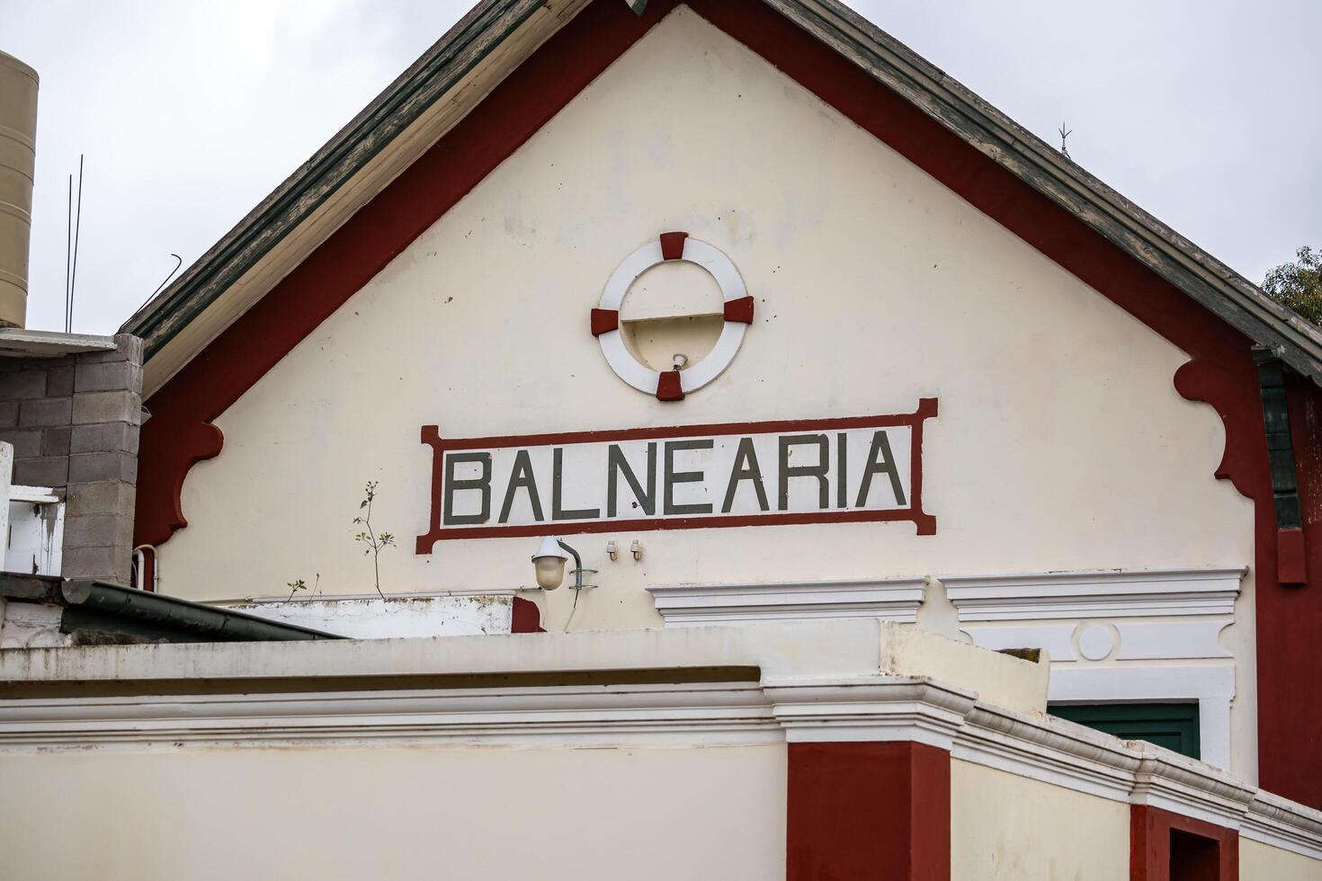 Balnearia, Cordoba, Argentina - June 21, 2024 - Ceiling of the train station with the Balnearia sign. photo
