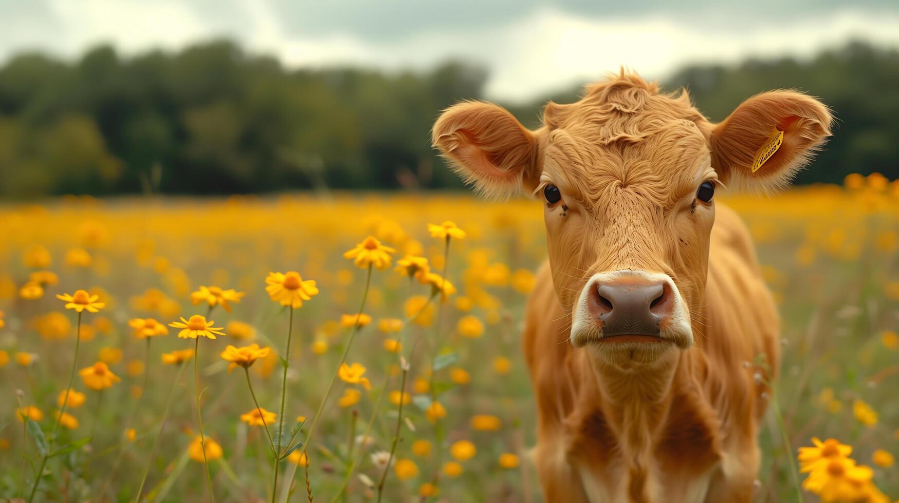 Portrait of a cow on a yellow flower meadow in summer photo