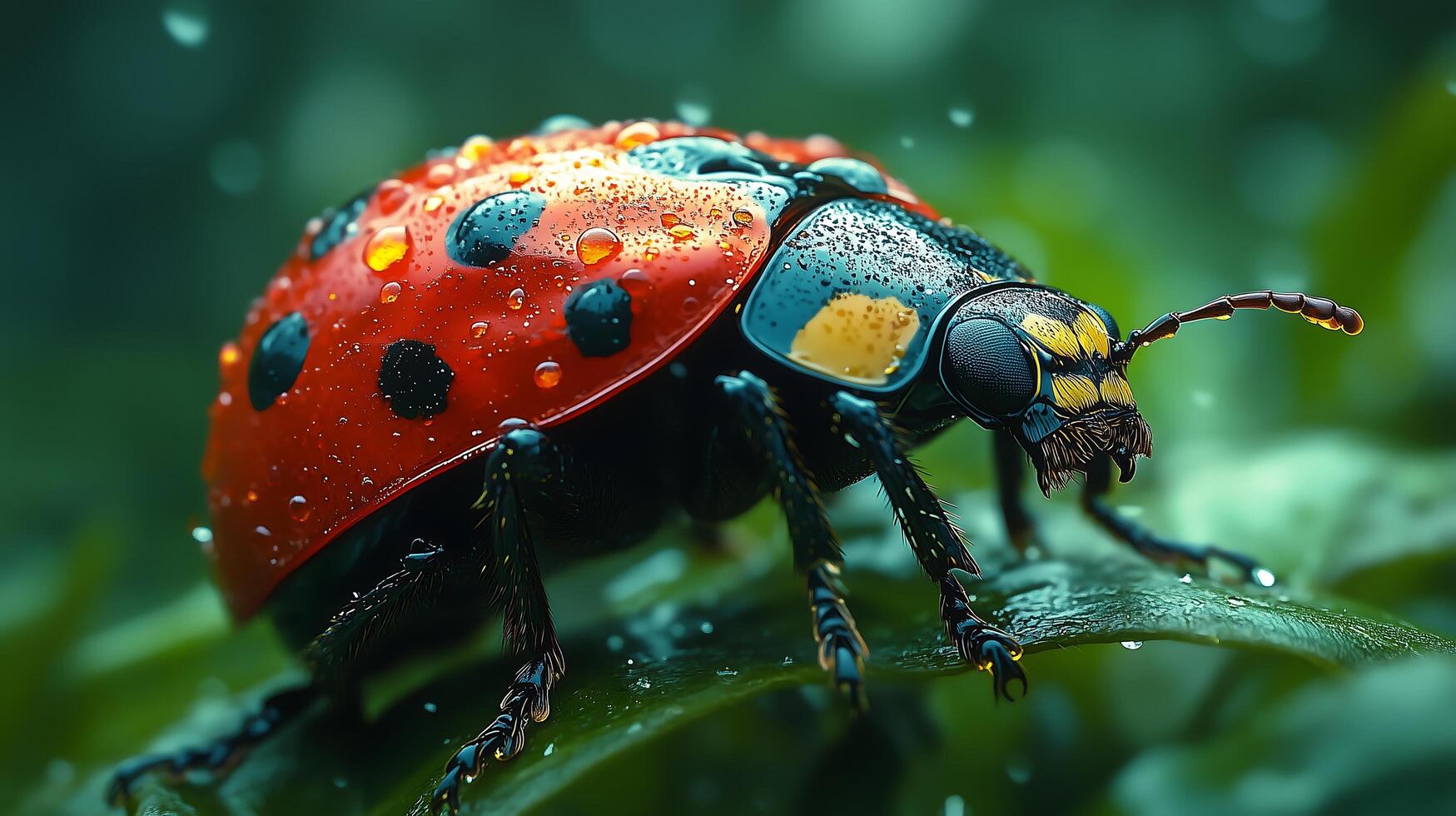Red ladybug on a green leaf with dew drops close up photo