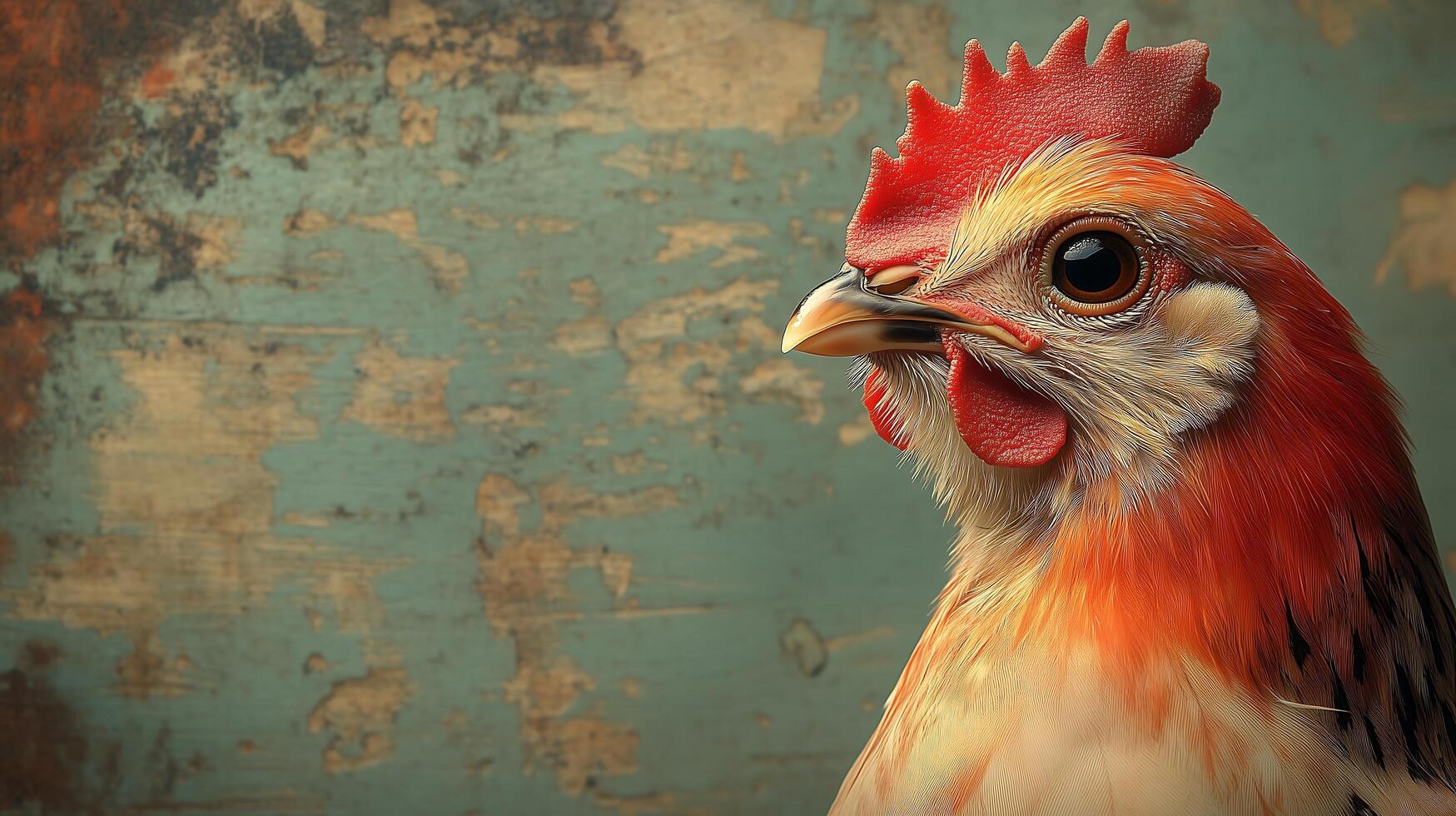 Portrait of a rooster with a red comb on a blue background photo