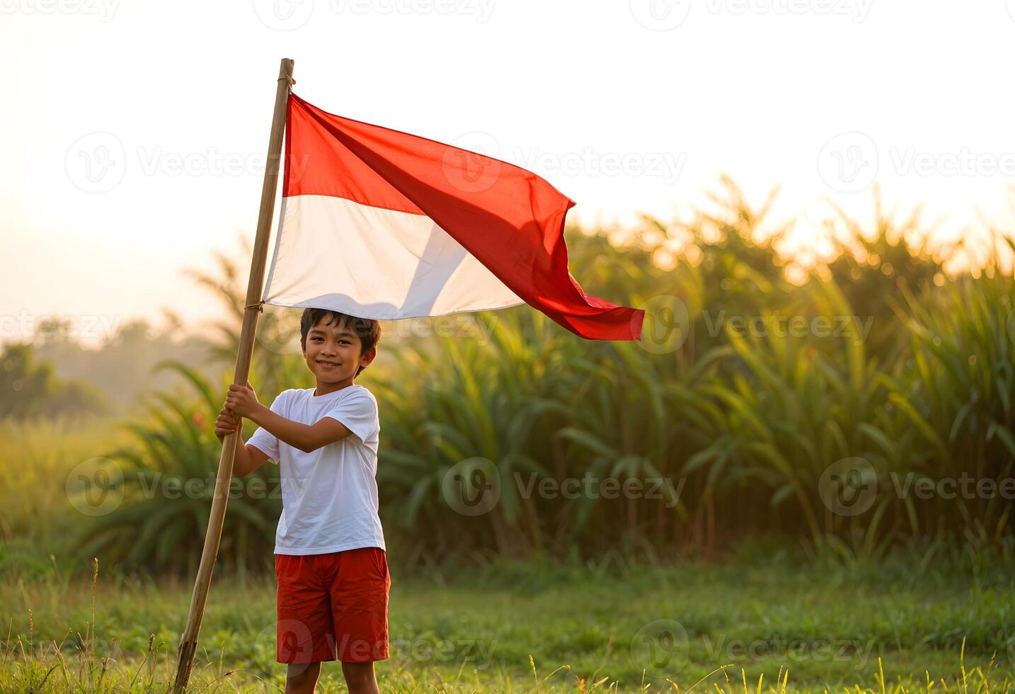 a boy holding an indonesian flag in a field photo