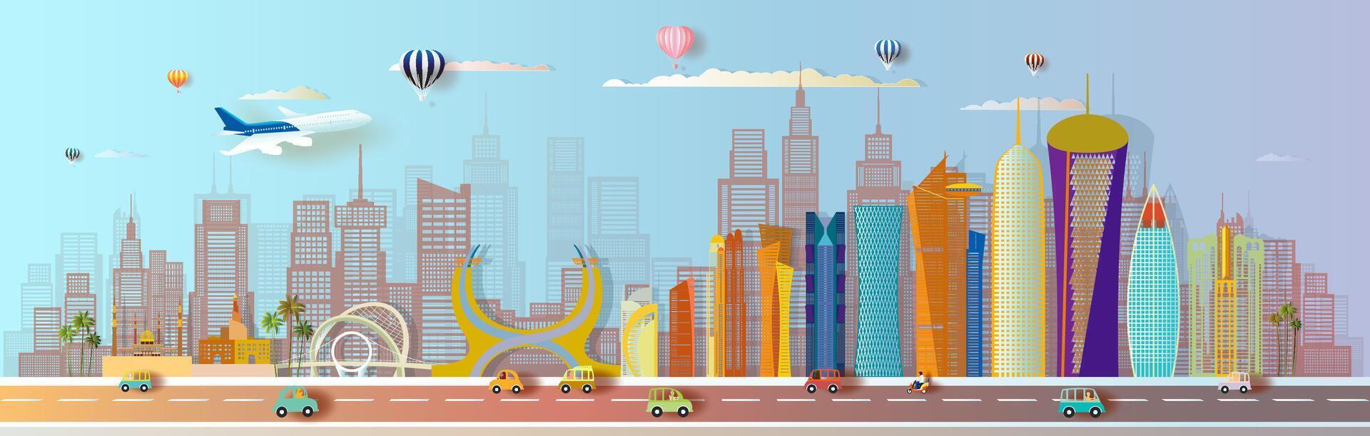 Travel landmarks Qatar of Asia famous architectural doha monument panorama. vector