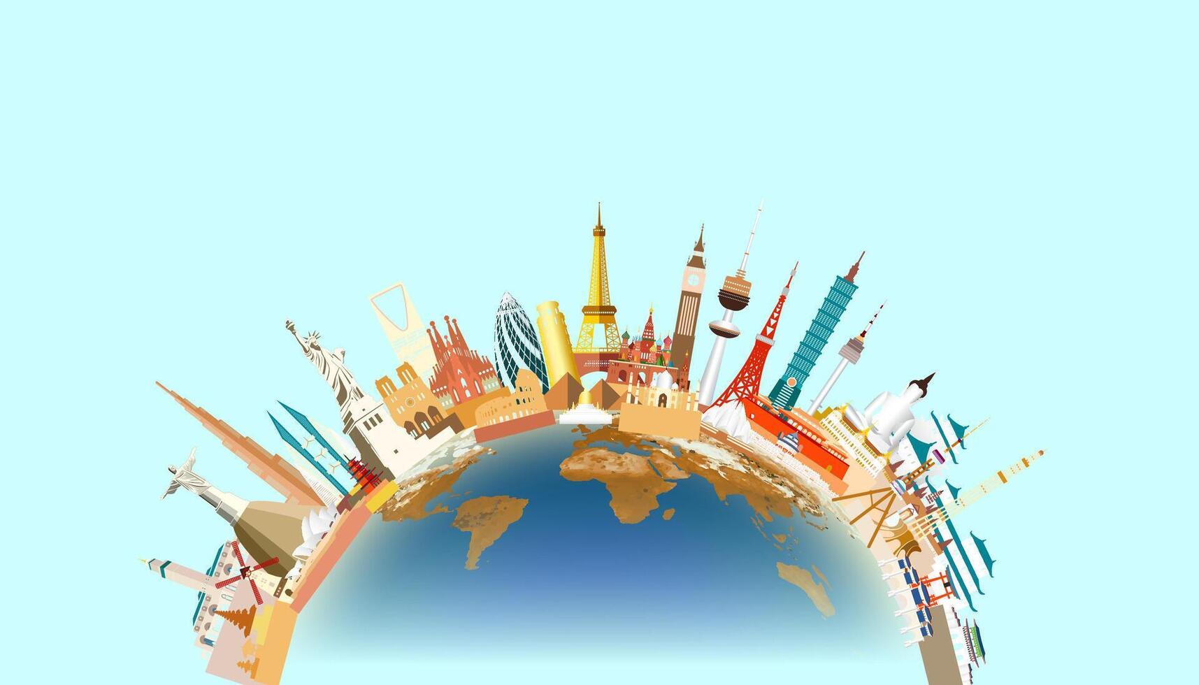 Travel landmarks world with world map background. vector