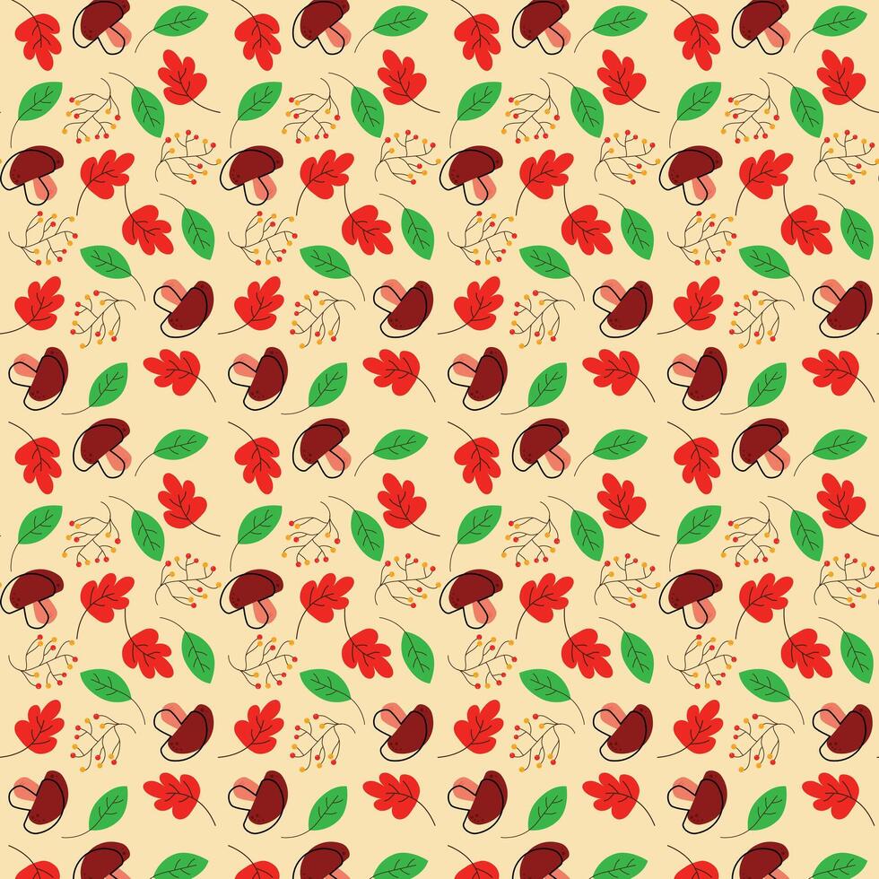 SEAMLESS PATTERN leaves, rowanberry and mushroom vector