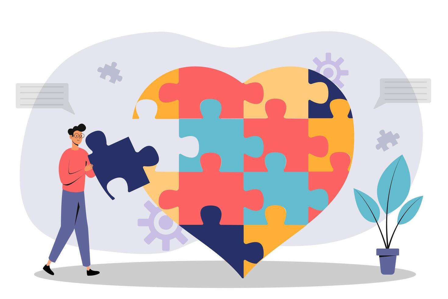 Creative individual adding a puzzle piece to a colorful heart shape in a modern workspace vector
