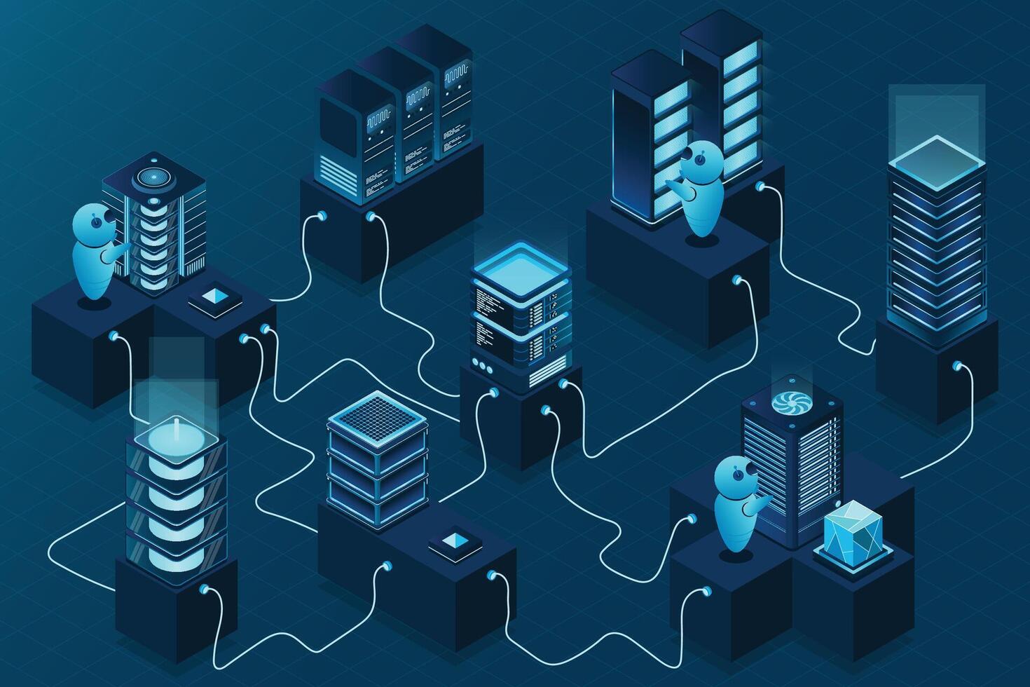3d isometric concept big data center with server. Cloud computing. Network mainframe infrastructure. Isometric high technology concept vector