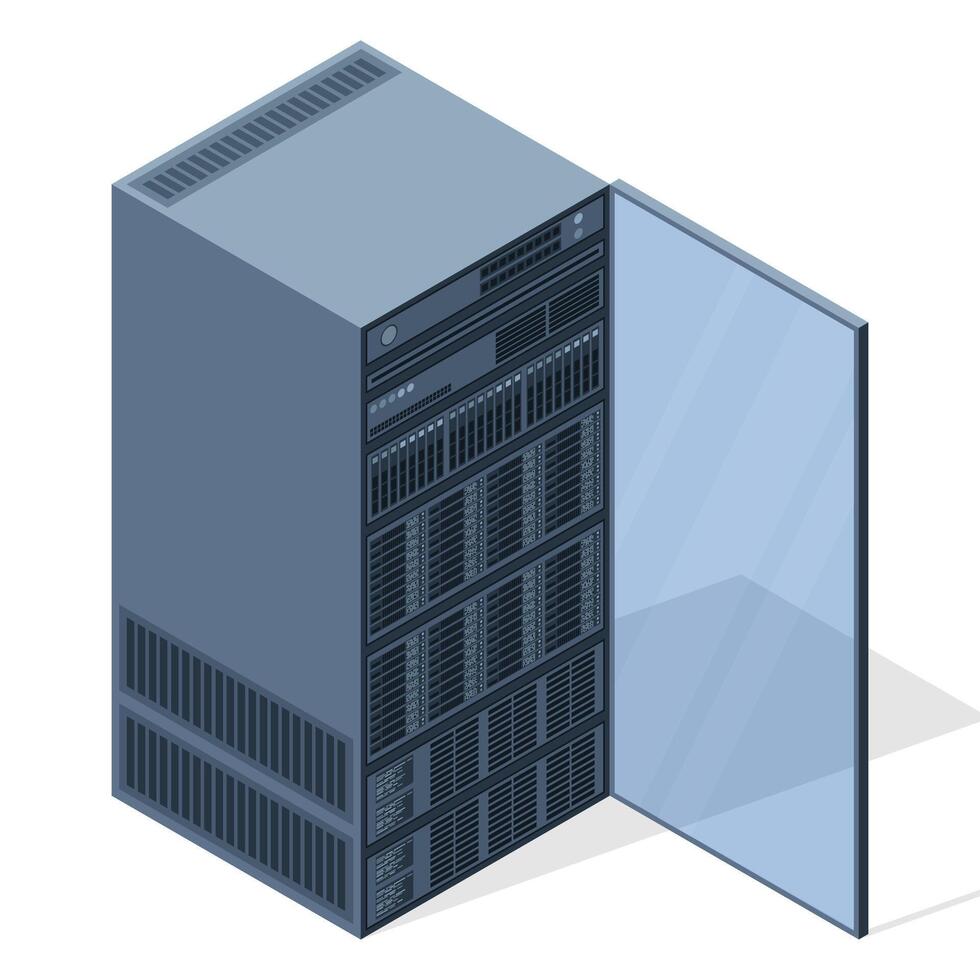 Isometric server. Server racks. Server boxes isolated. Network server room. Computer network technology. illustration vector