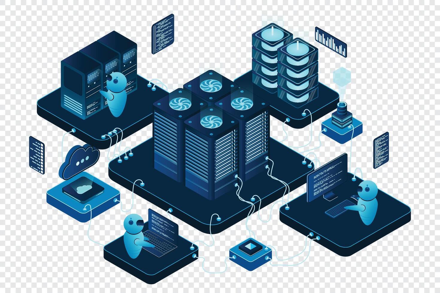 Isometric data center or server room. Data center connection network. Cloud storage. Isometric high technology concept. illustration vector