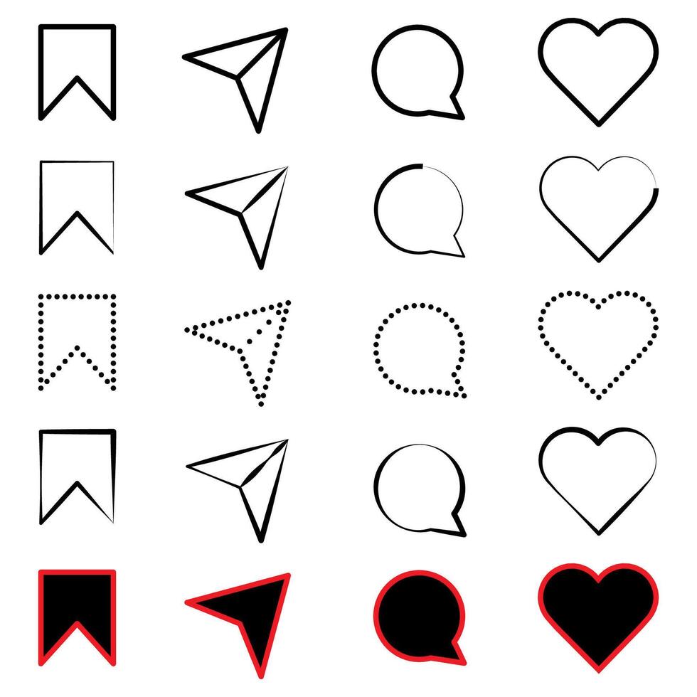 Like, comment, save, share media buttons icons heart arrow message interface illustration. vector