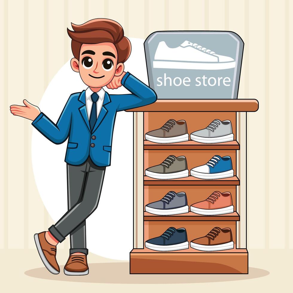 A pro salesman is showing off a cool new collection of men's shoes and bags. vector