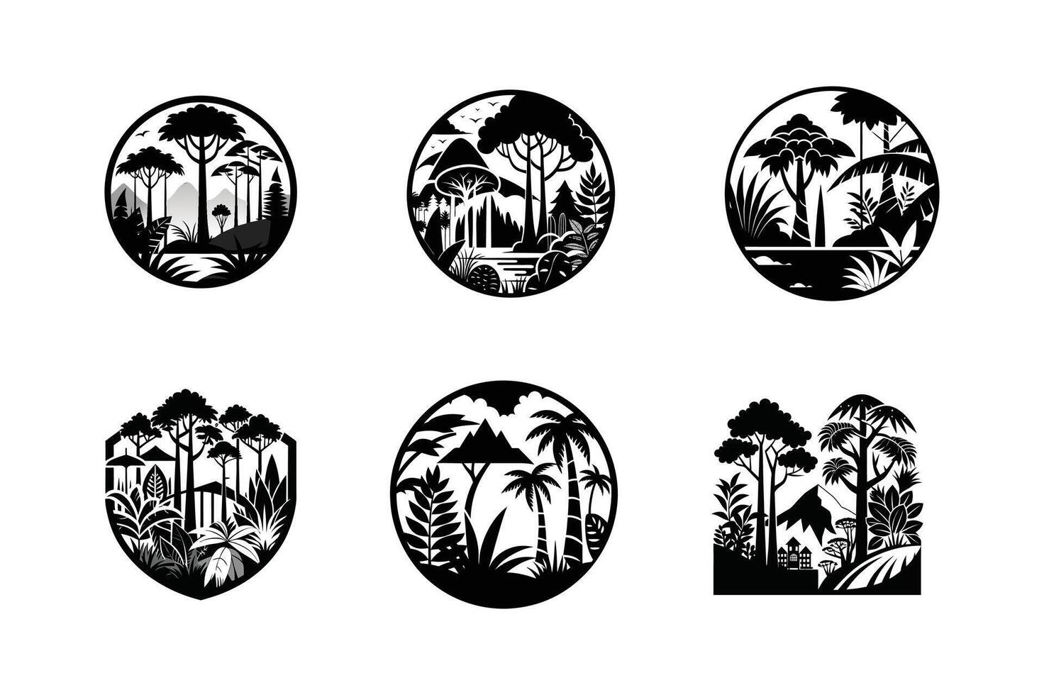 set of rain forest concept art silhouette design black and white vector