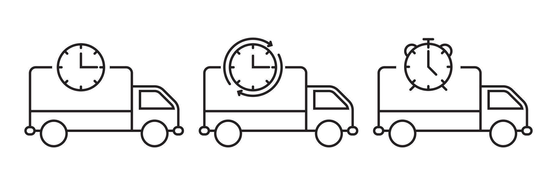 Three icons featuring delivery trucks with time elements like clocks and stopwatches, ideal for time-sensitive delivery options vector