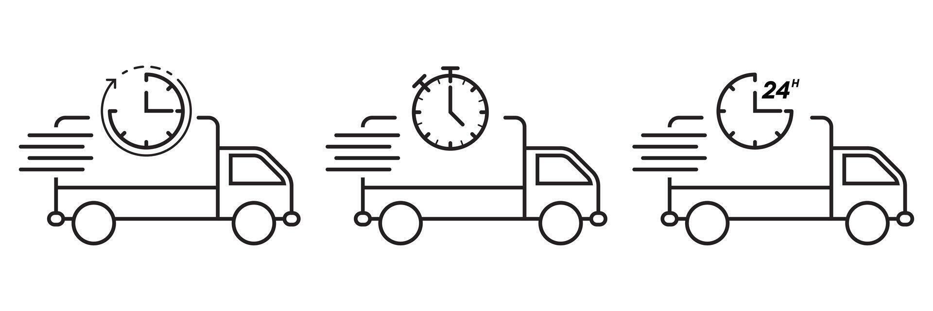 Set of three icons featuring delivery trucks with clocks and motion lines, representing fast, urgent, and 24-hour delivery services vector