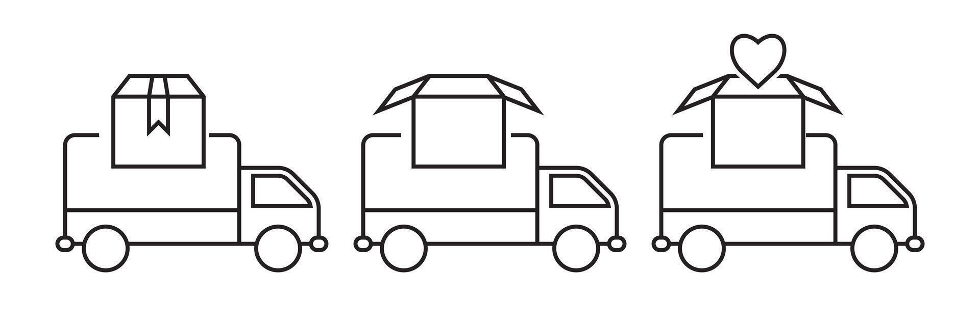 Icons of delivery trucks with a gift box, an open box, and a heart symbol, ideal for specialized delivery and gift services vector