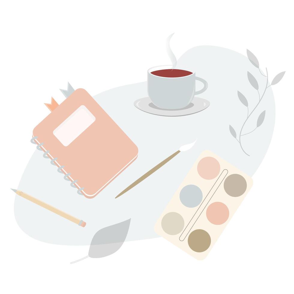 Set of stationery with a cup of tea or coffee. Collection of daily supplies on the table. Autumn still life vector