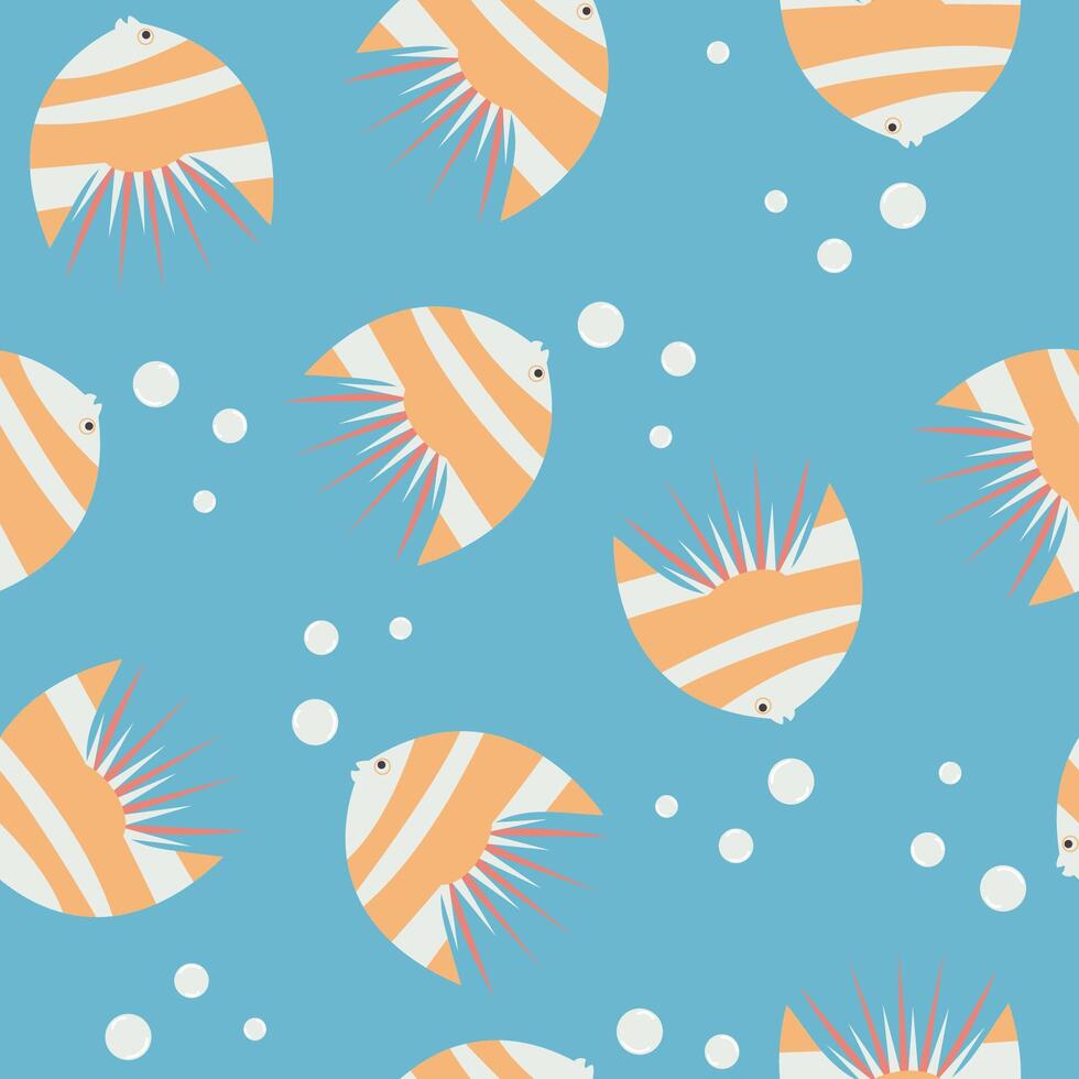 Fish seamless pattern. Sea theme with bubbles. Illustration on blue background. vector