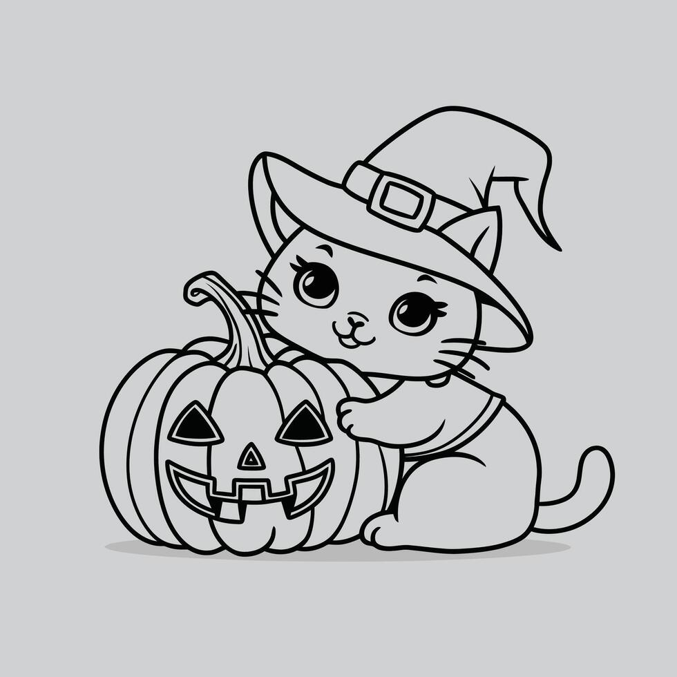 Minimal line art Cute cat with a witch hat hugging a Halloween pumpkin, kawaii Cat vector