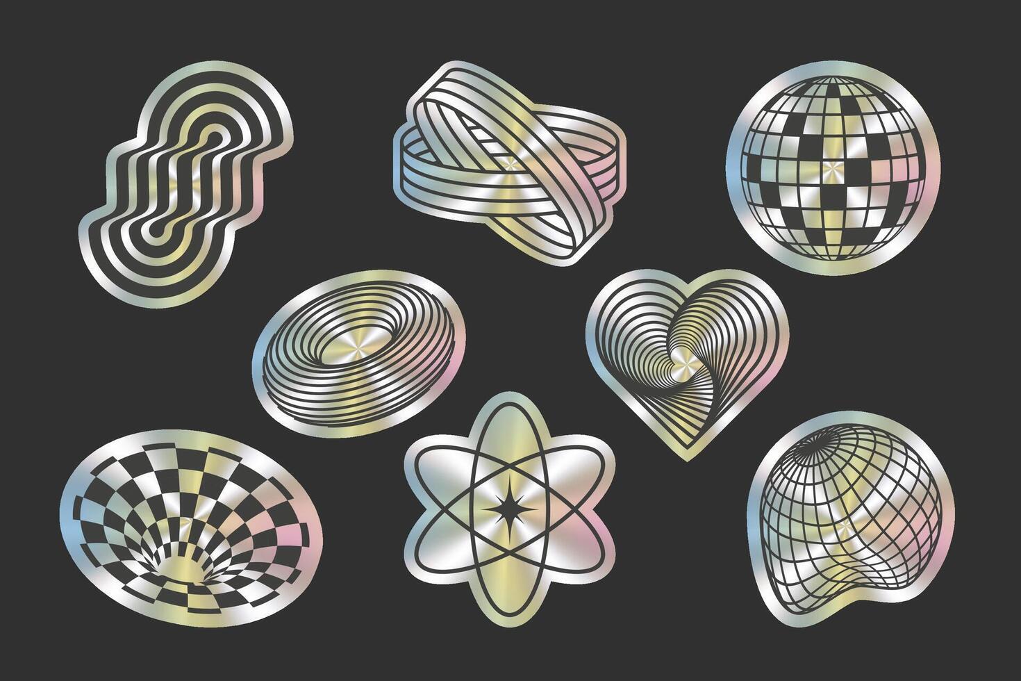 Holographic sticker with geometric wireframe shapes. Holographic stickers with 3D abstract pattern, cyberpunk elements in trendy psychedelic style. Y2k. Shimmering shiny texture stickers. Isolated vector