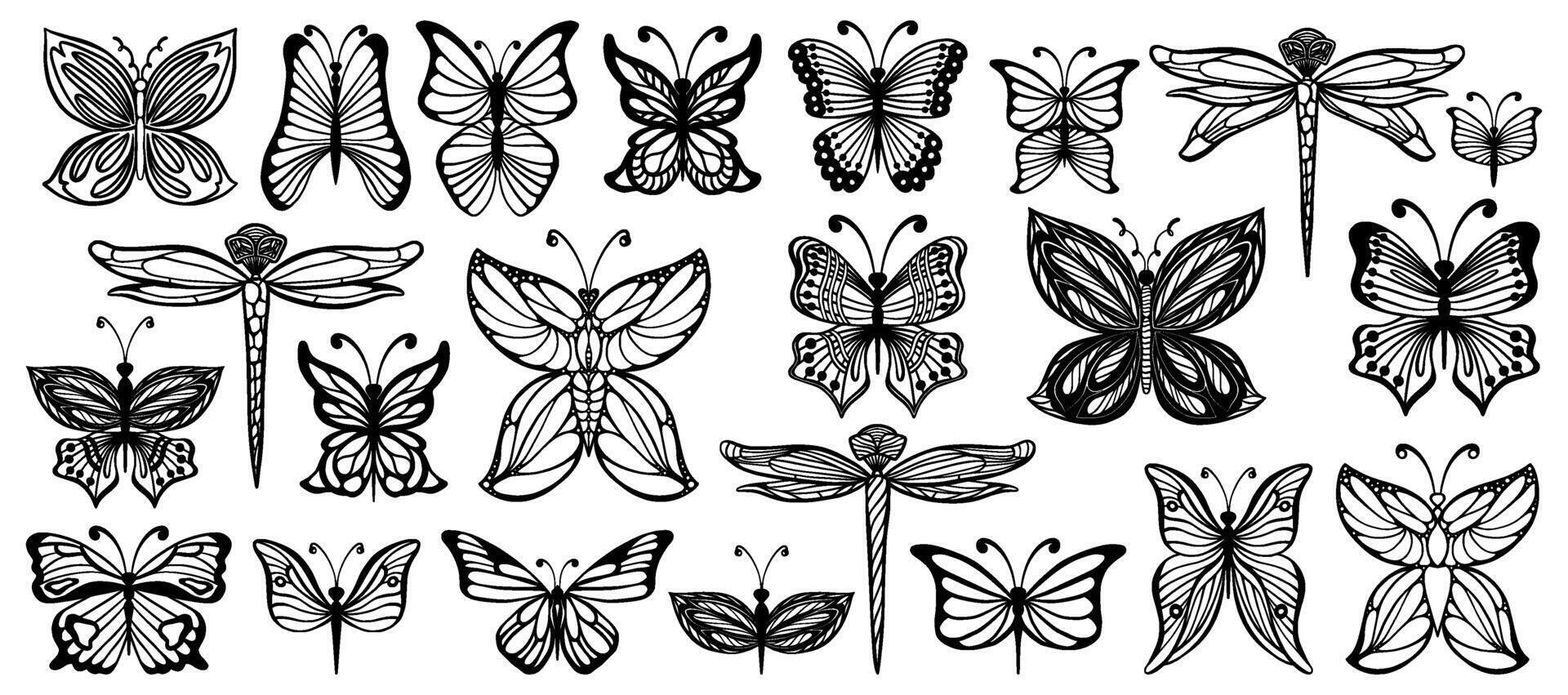 Black Butterfly Hand Drawn Line Art Insect Logo Set for Laser Cutting vector