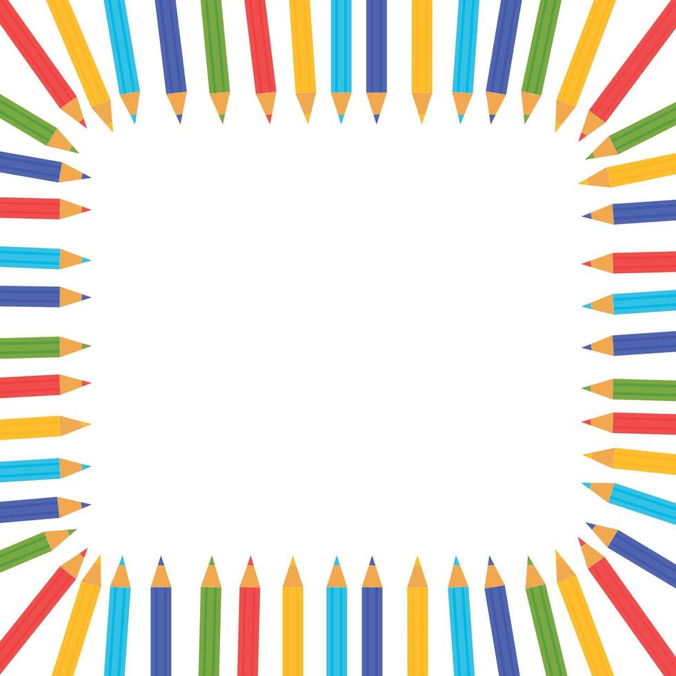 Frame of colorful pencils on white background. Colorful crayons border. vector