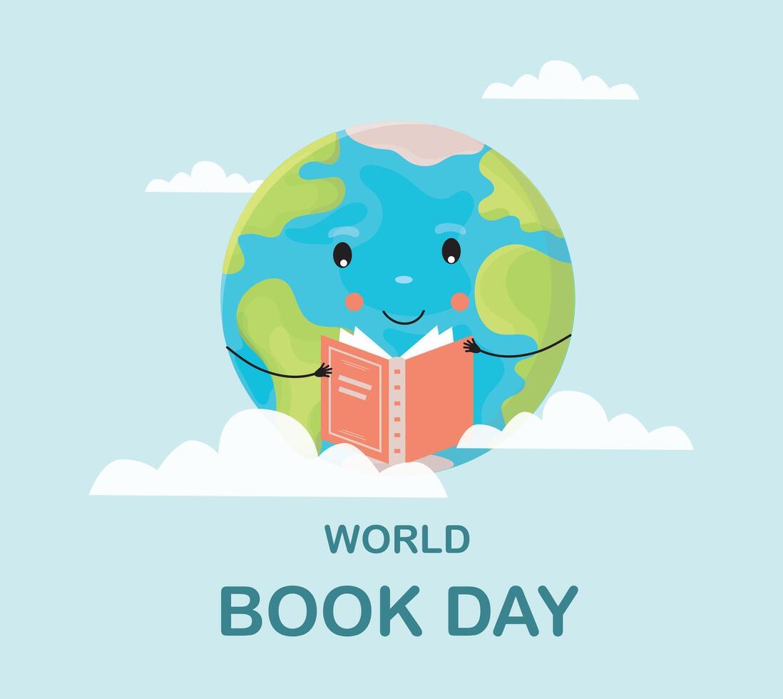 World Book Day Poster. Cute planet Earth reads book. Globe and open book. Reading concept. Illustration for card, poster, banner. vector