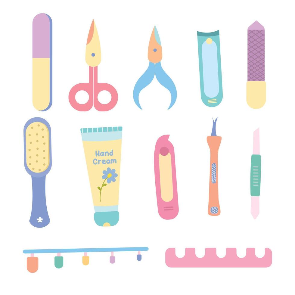Hand drawn pedicure manicure element set. Suitable for flat design graphic illustration, clip art, stickers, etc vector