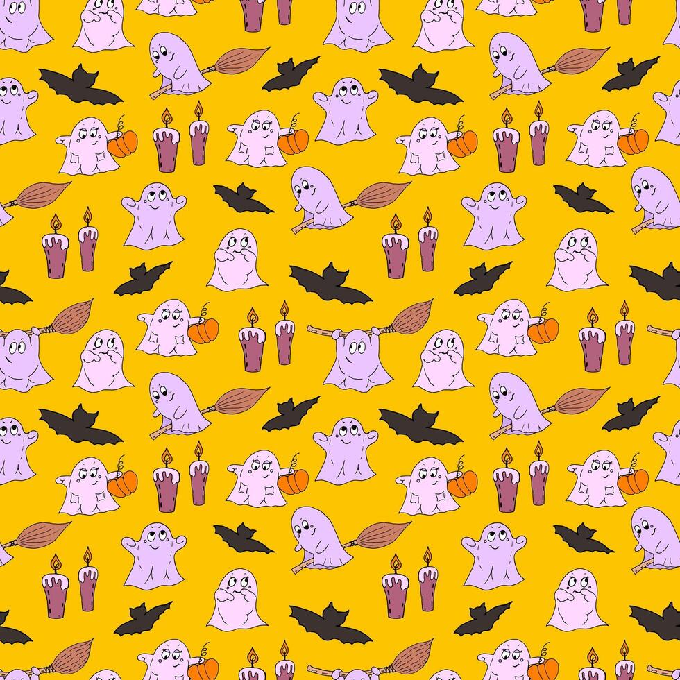 yellow pattern with cute ghosts, candles and bats vector