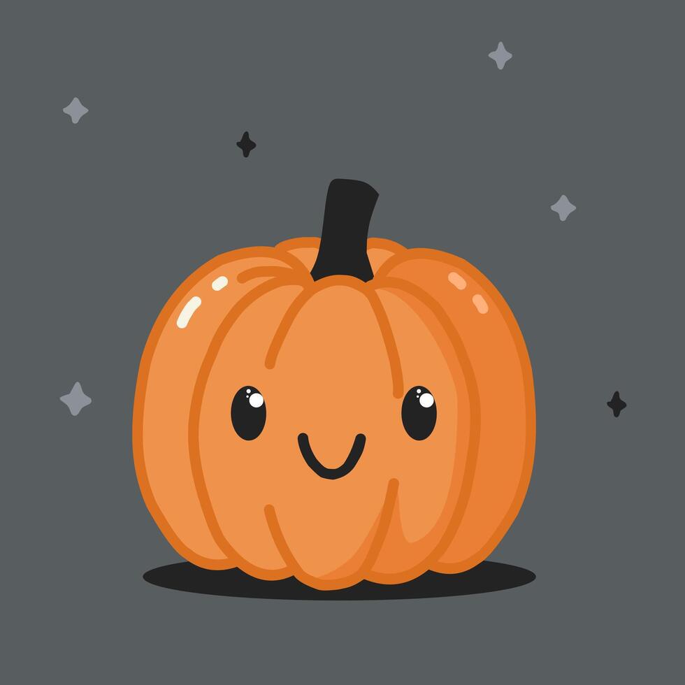 Orange illustration of a pumpkin with a tail and with a cute face and smile. Illustration for Halloween. vector
