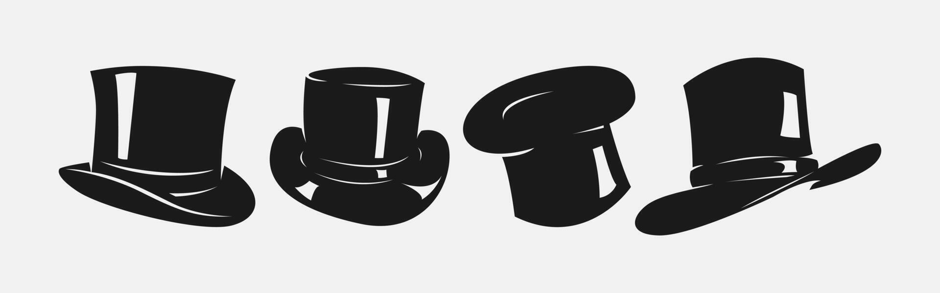 Set silhouettes of top hat, magician cap. Icon, logo on white background. Graphic illustration. vector