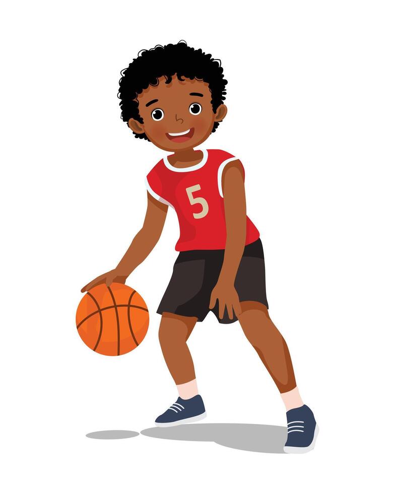 Cute little African boy with sportswear playing basketball dribbling the ball in action vector