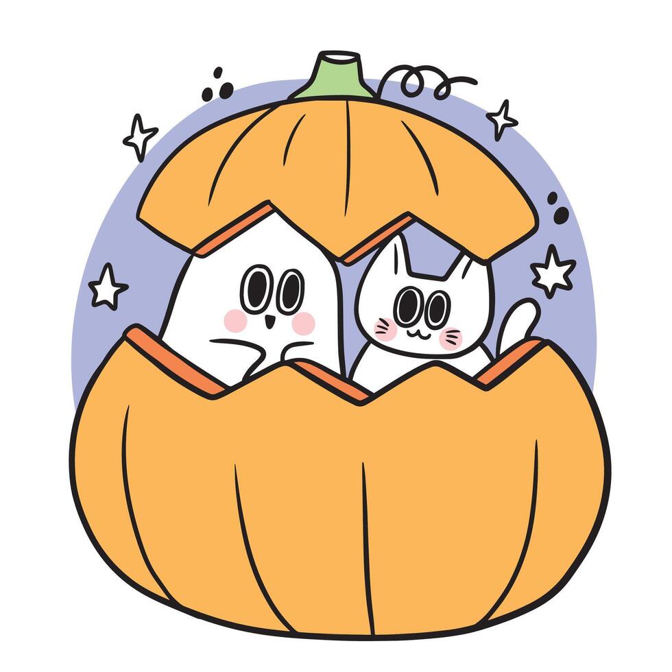 Cute Halloween ghost and cat . vector