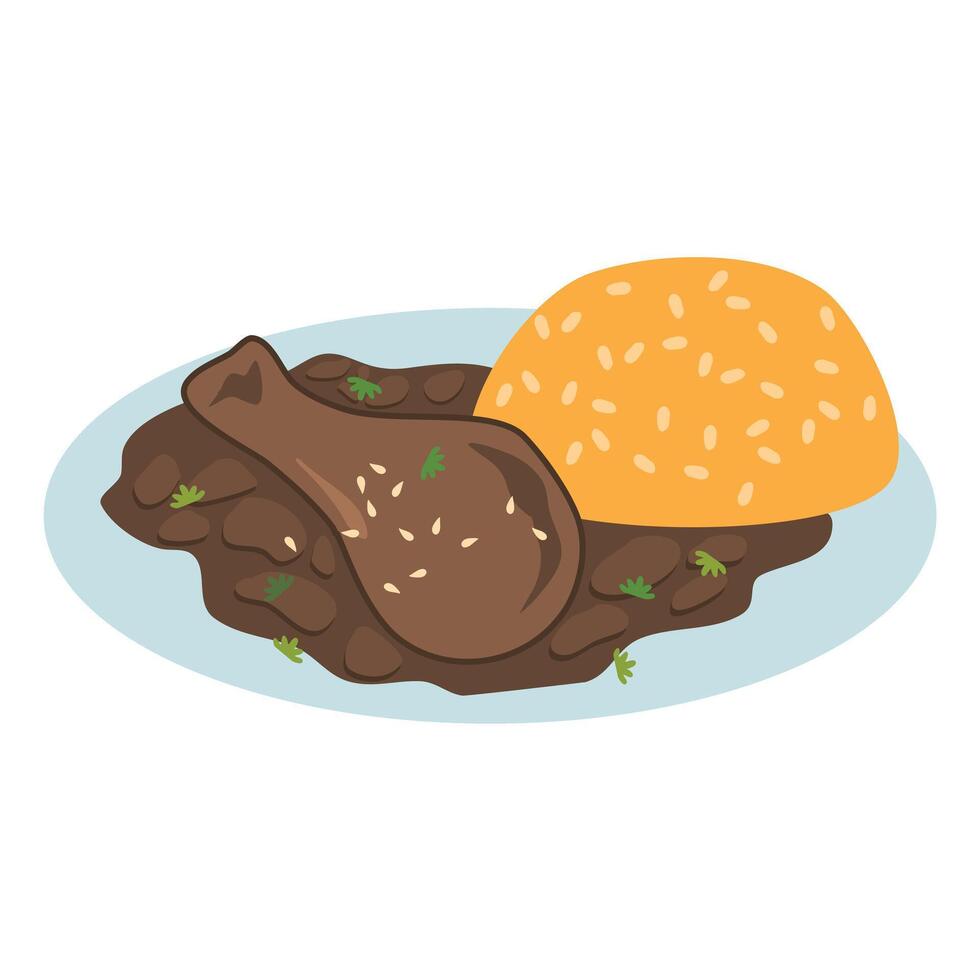 Traditional mexican mole sauce with chicken, steamed rice vector
