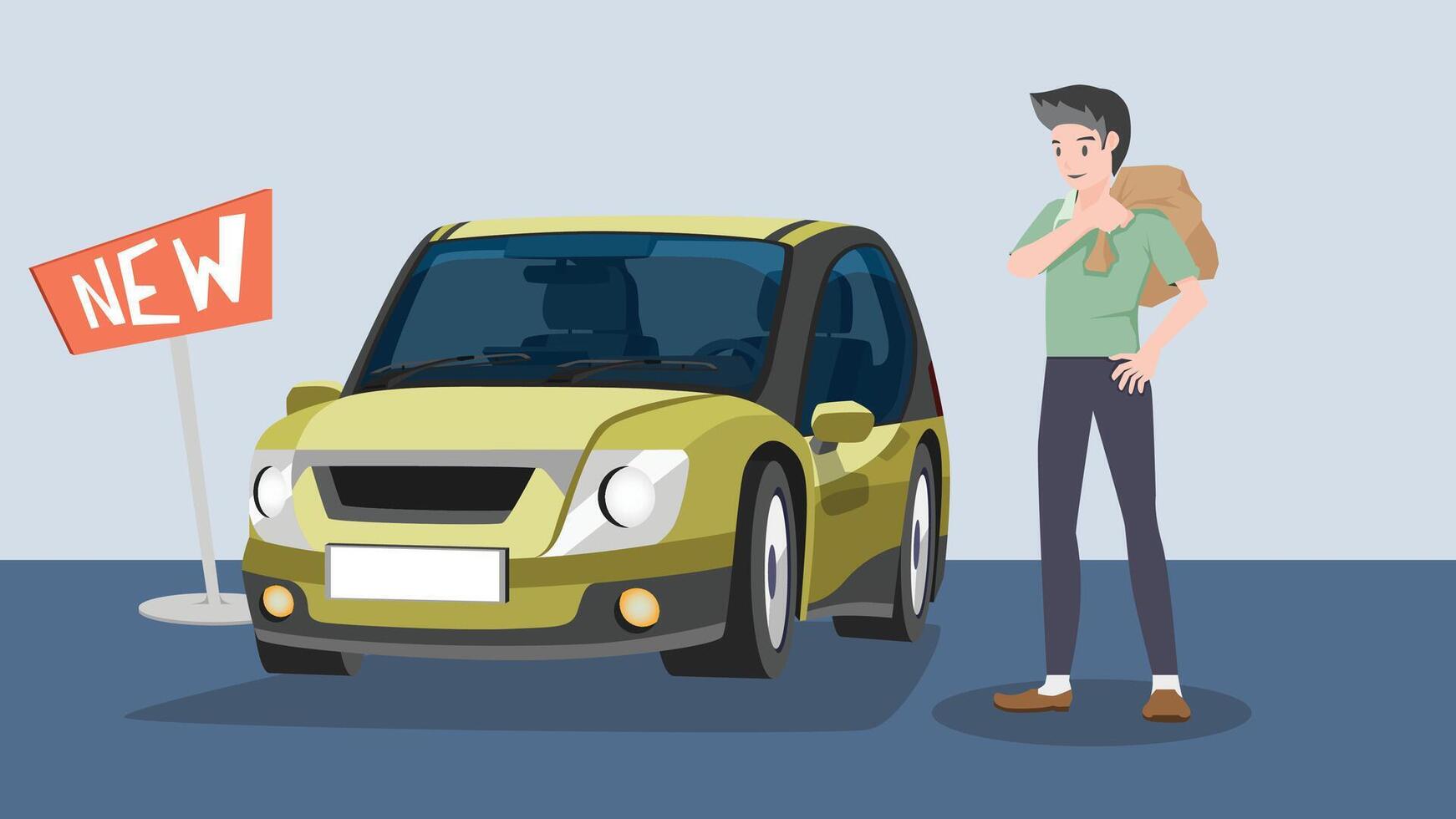 Cartoon of buy new yellow car concept. Buyer carries a sack of money inside to buy a car. Sign board of new promote. background of blue color. vector