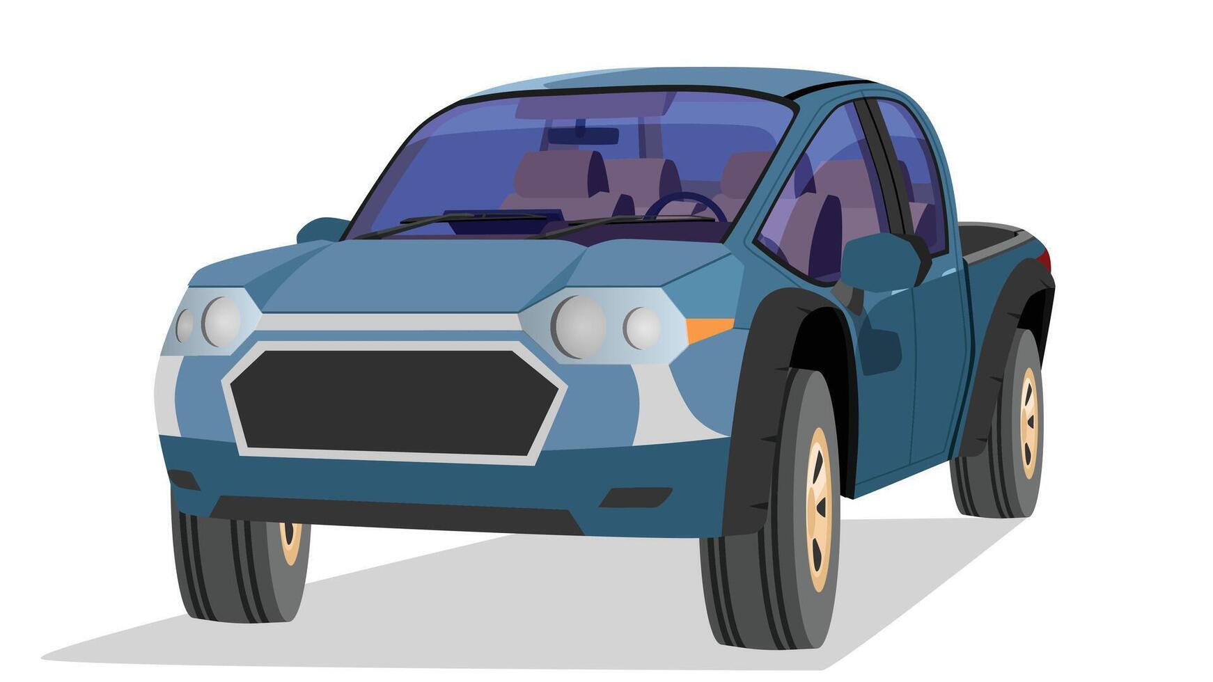 Perspective of pickup car off road dark blue color. Can see in terior on inside car. on isolated white background. vector