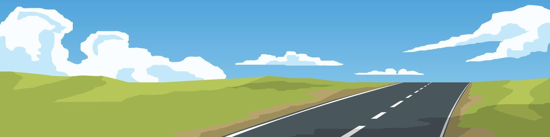 Asphalt road path leading up the hill. Hills and green fields. or illustration transportation and nature. Under blue sky and white clouds. Wide angle view background for banner. vector