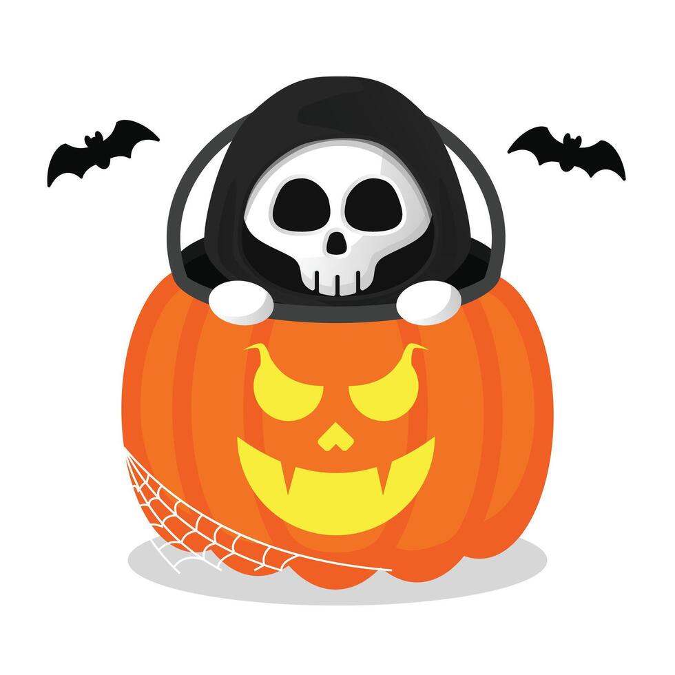 Grim Reaper skull head comes out of a jack o lantern pumpkin surrounded by bat in cute art illustration perfect for horror and Halloween design themes editable asset template vector