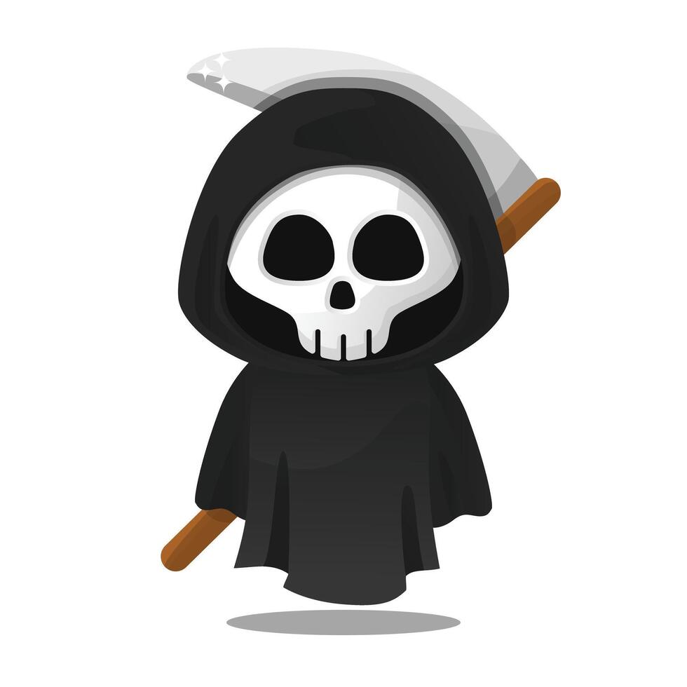 Grim Reaper with skull head carries big scythe in cute art illustration perfect for horror and Halloween design themes editable asset template vector