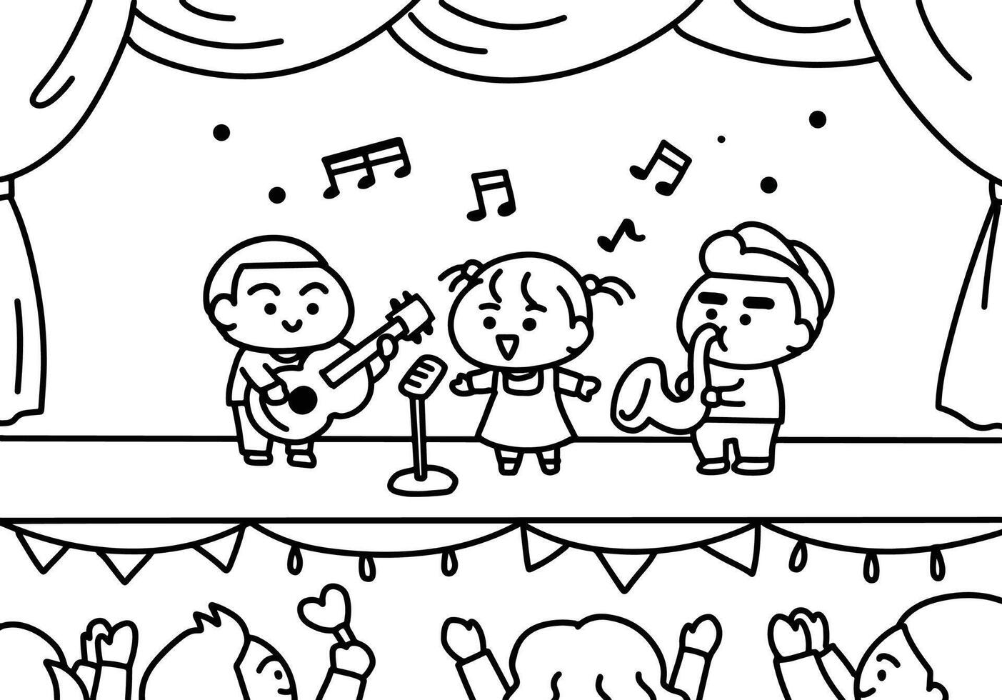 Children sing a song on stage coloring pages style. vector