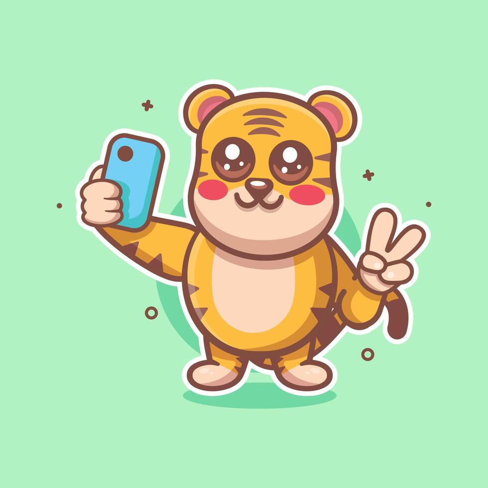 smiling tiger animal character mascot taking a selfie with a smartphone isolated cartoon vector