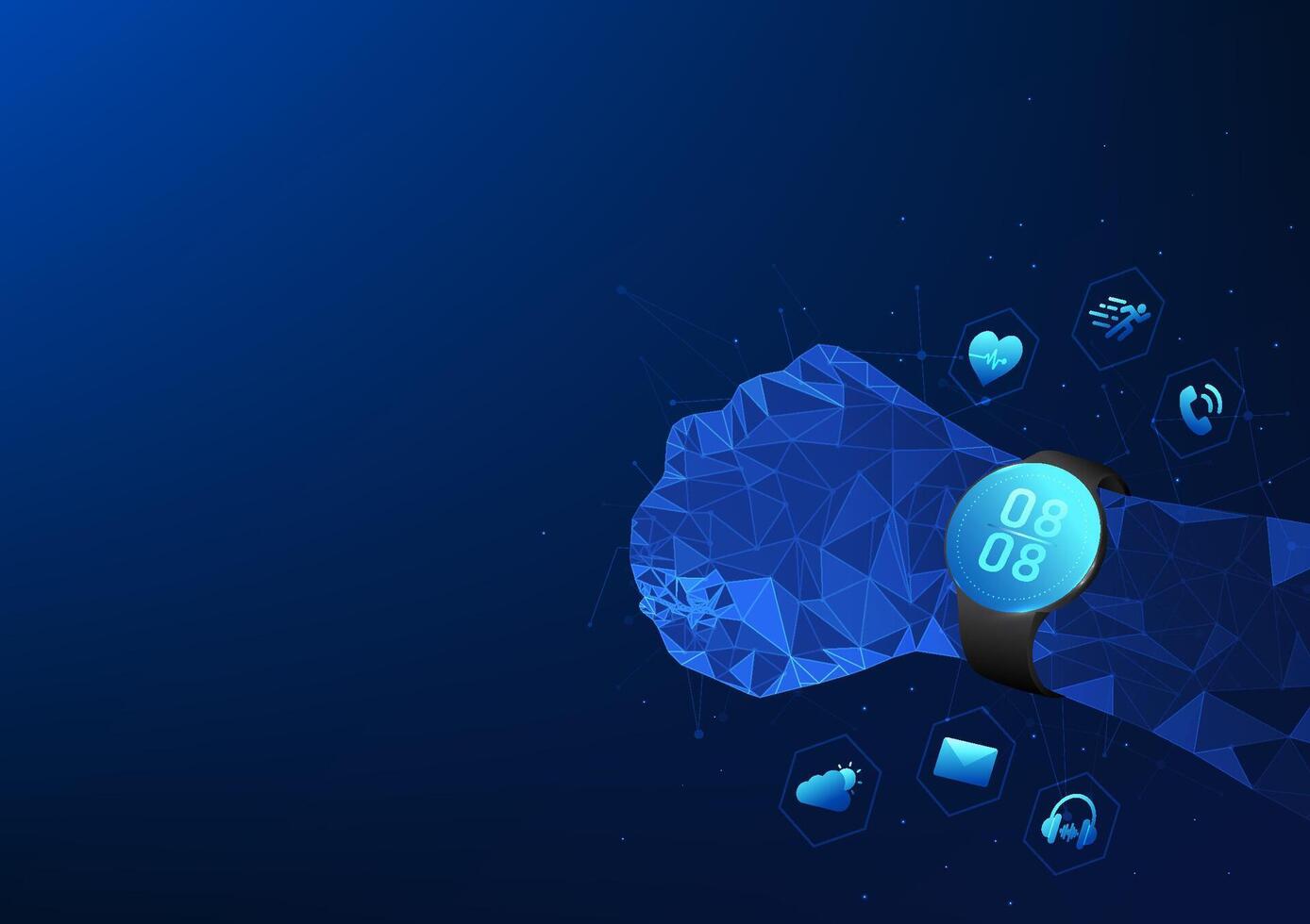 Smart watch technology, a watch that shows the time and has functions for sending emails, measuring heart rate, health, listening to music, measuring walking distance, weather, and sleeping. vector