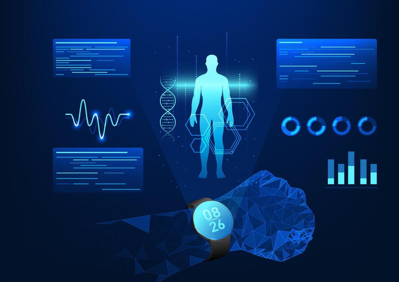 Smart watch technology, is a wristwatch that projects a hologram of body data, heart rate, and has a function to measure walking distance, sleep, and can be used as basic information for treatment. vector