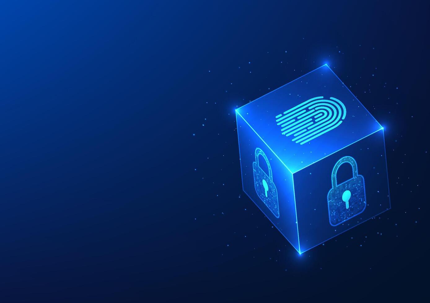 Data Security Technology Cube box with lock and fingerprint scanner conveys the idea that access to sensitive data with advanced security requires identification to confirm access. vector