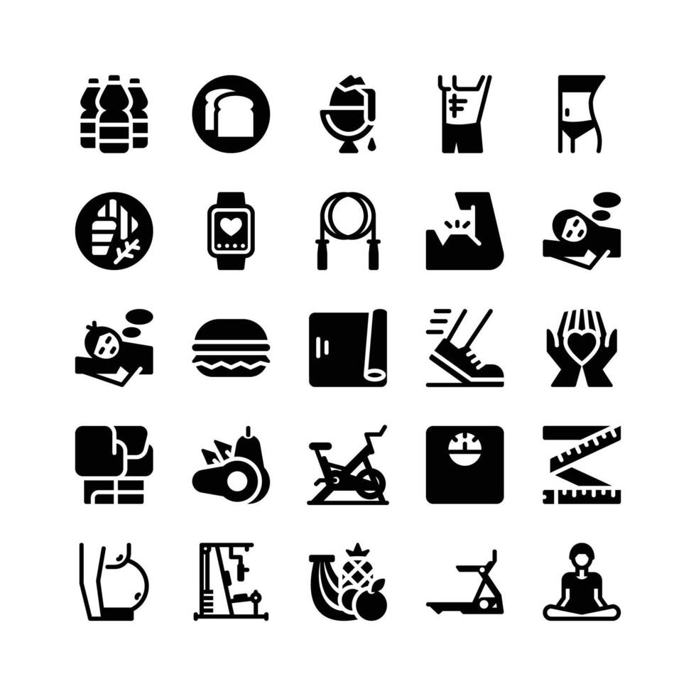 Glyph Icons Including Drink, Bread, Egg, Slim, Steak, Smartwatch, Jump Rope, Strong, Sleep, Burger, Mat, Running, Heart, Gloves, Avocado, Bike, Scale, Measuring, Fat, Gym, Fruits, Treadmill, Yoga. vector