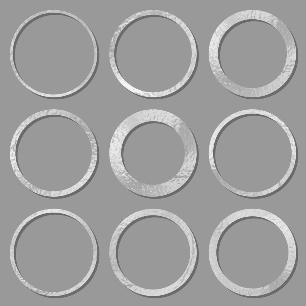 Metal circles frames set with shadows isolated on white background. Pack of silver luxury round borders vector