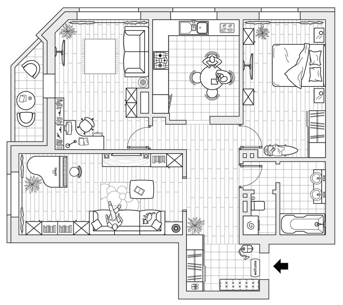 Architectural plan view from above. Apartment with kitchen and bedroom. Floor plan with furniture placement, top view. The interior design project vector