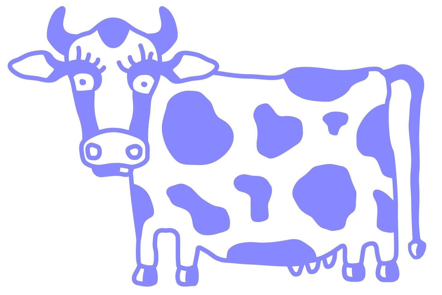 Cute cow caricature, side view. Cartoon style, blue outline simple sketch. Isolated on white background vector