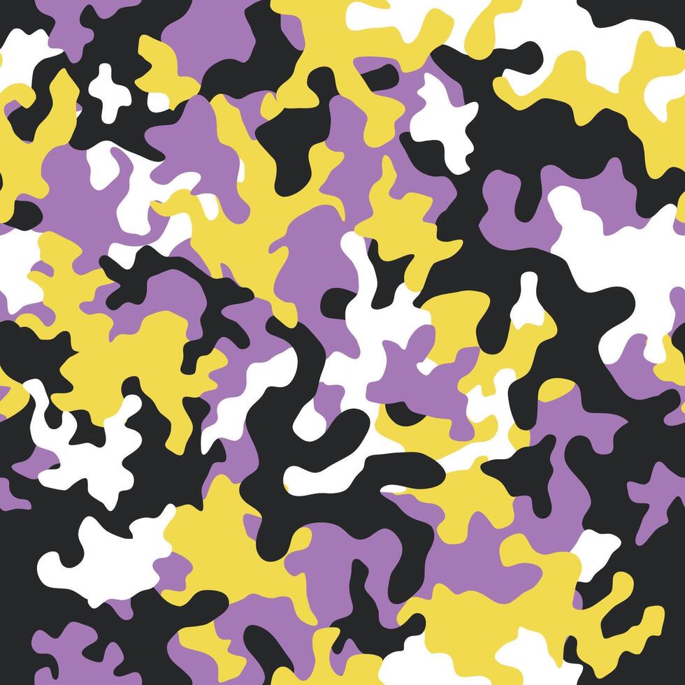 Colored camouflage seamless pattern. Urban fashion clothing style. Splashes camo in children's coloring, repeat print. Colorful colors texture. Textile design vector