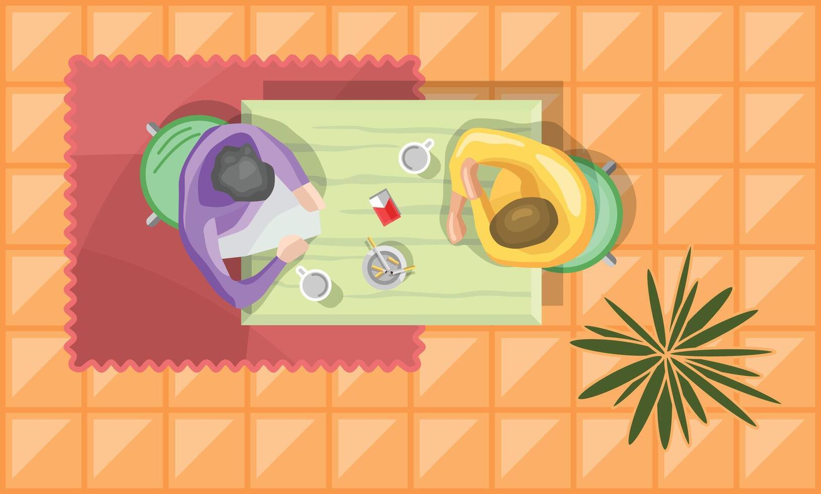 A scene for the kitchen. People are sitting at the table. The interior with furniture in the view from above. Color furniture icon for floor plan. Table, coffee, carpet, plant and tile floor vector