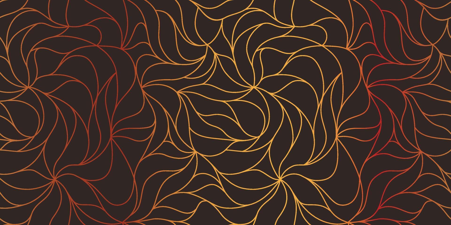 Curly waves tracery, curved lines, stylized abstract petals pattern. Seamless leaf background. Golden outline and red texture. Organic wallpapers for printing on paper or fabric vector